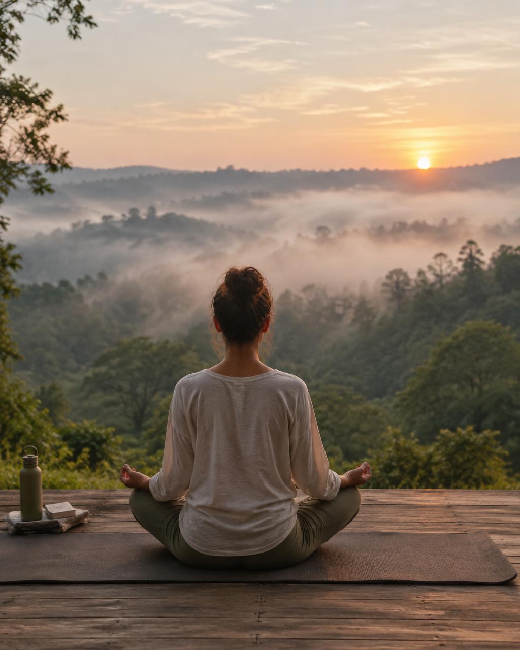 Person sitting in breathwork on a deck above a misty forest