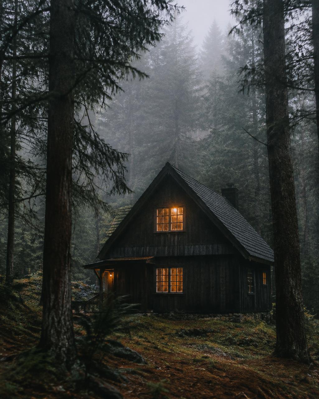 Timber cabin glowing in a misty rainy forest