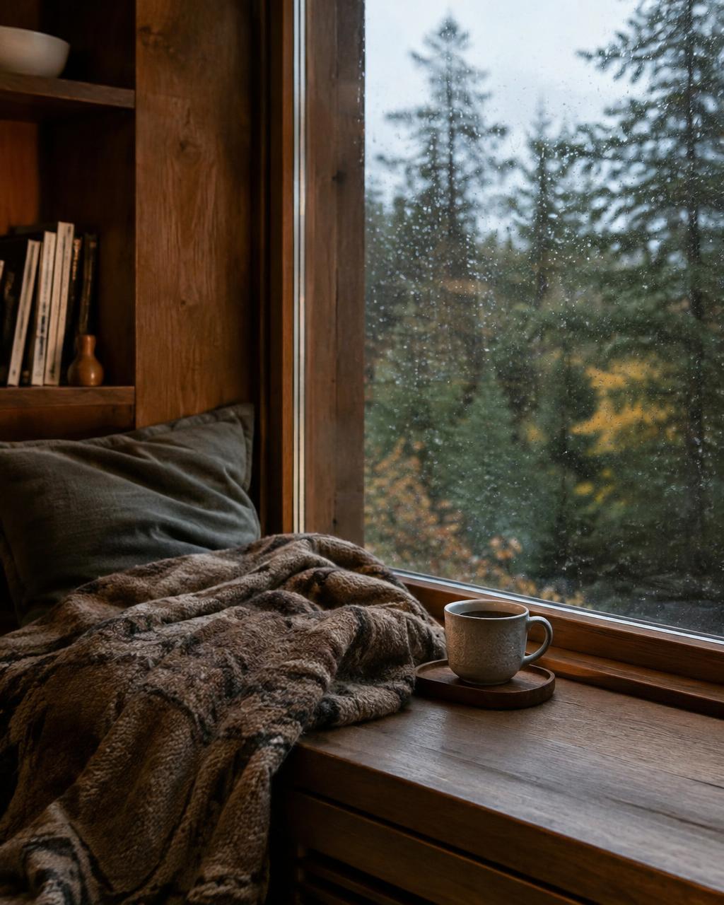 Cozy window seat with blanket and tea as rain falls