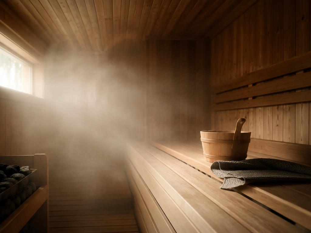 Wood-fired sauna interior with warm light